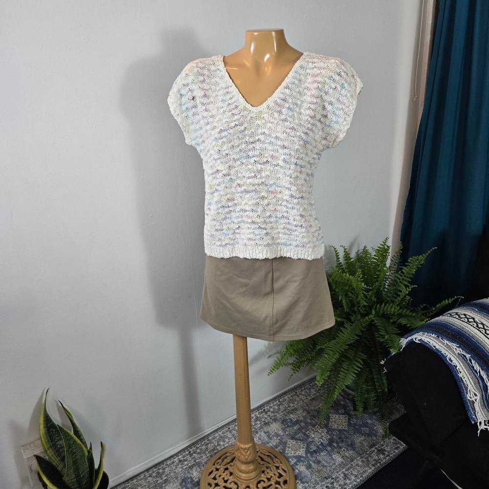 Exclusive Imports Womens Knit Top Vintage Medium White Multi Linen Cotton VNeck